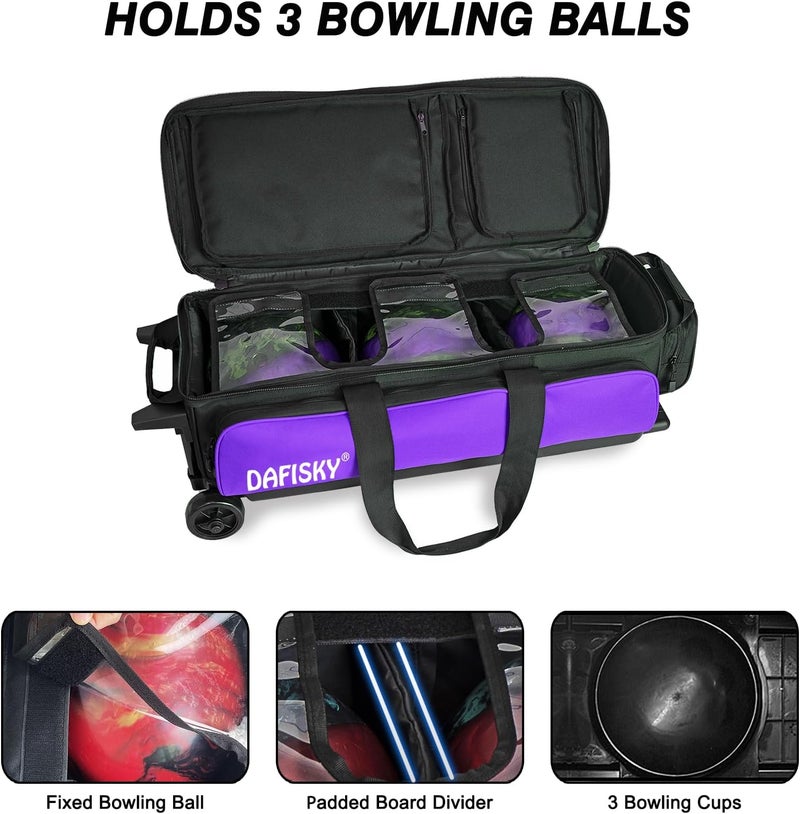 DAFISKY 3 ball bowling bags with wheels, bowling ball bag 3 ball roller with Multiple Pockets Retractable Handle - Image 4